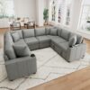 Modern U Shaped Sectional Sofa Convertible Pull Out Sofa Bed With USB Ports And Cup Holders Chenille - Gray - Image 6