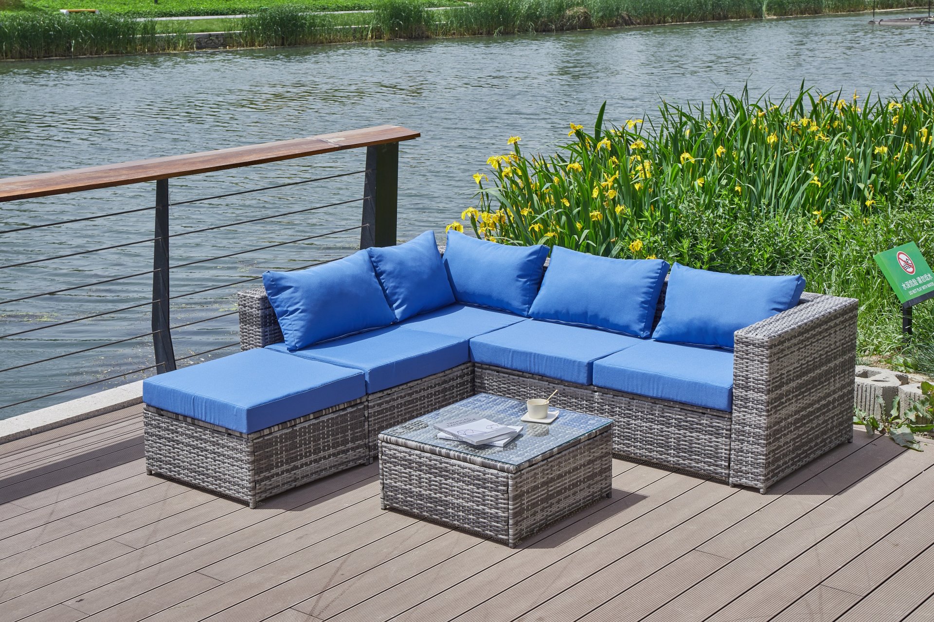 Luxurious Comfort Patio Sofa With Cushions - Blue / Gray - Image 18