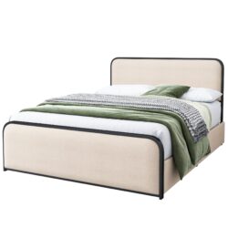 Modern Metal Bed Frame With Curved Upholstered Headboard And Footboard Bed With 4 Storage Drawers, Heavy Duty Metal Slats, King Size - Beige
