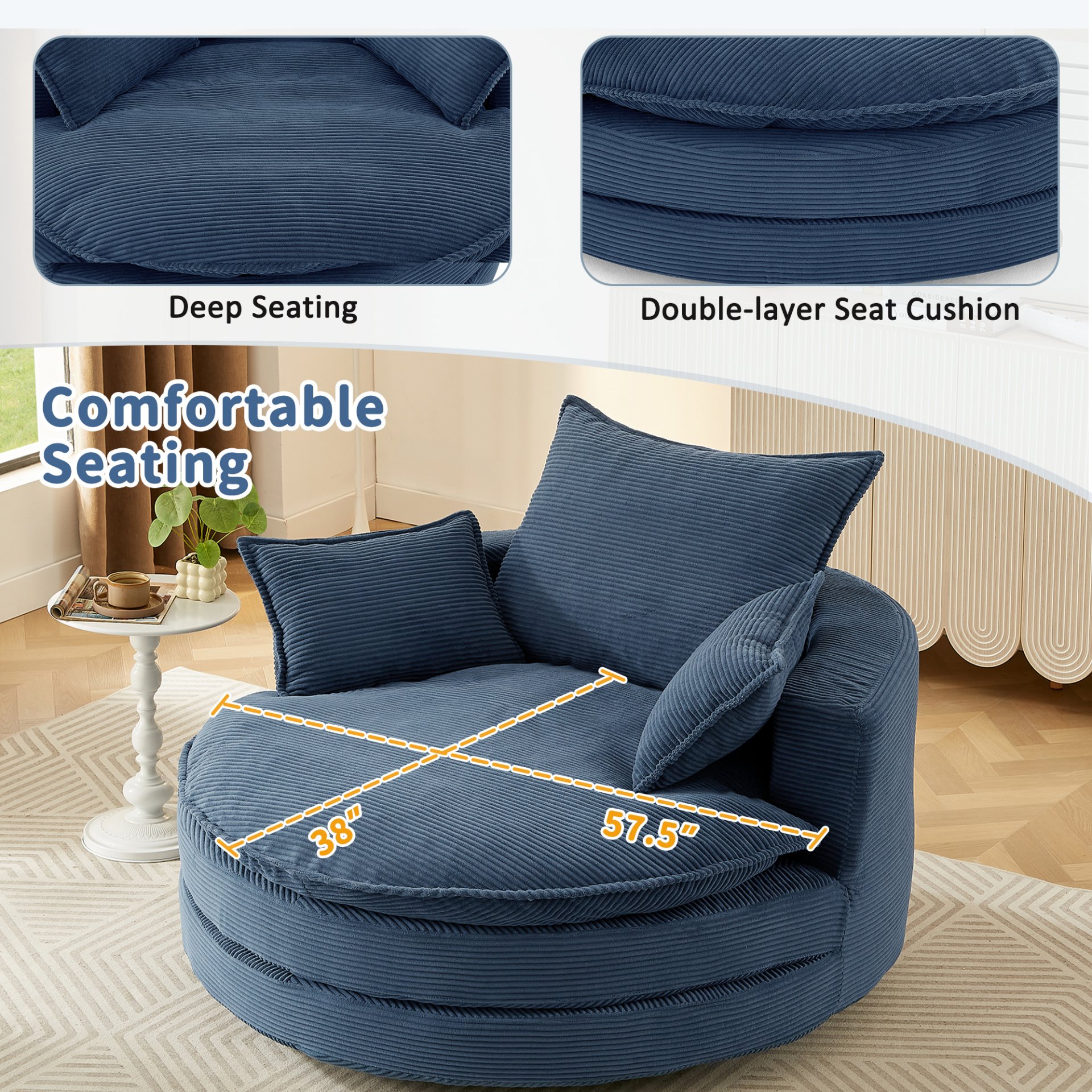 Modern 360° Swivel Sofa Chair With Dual Layer Cushion And Removable Pillows - Blue - Image 6