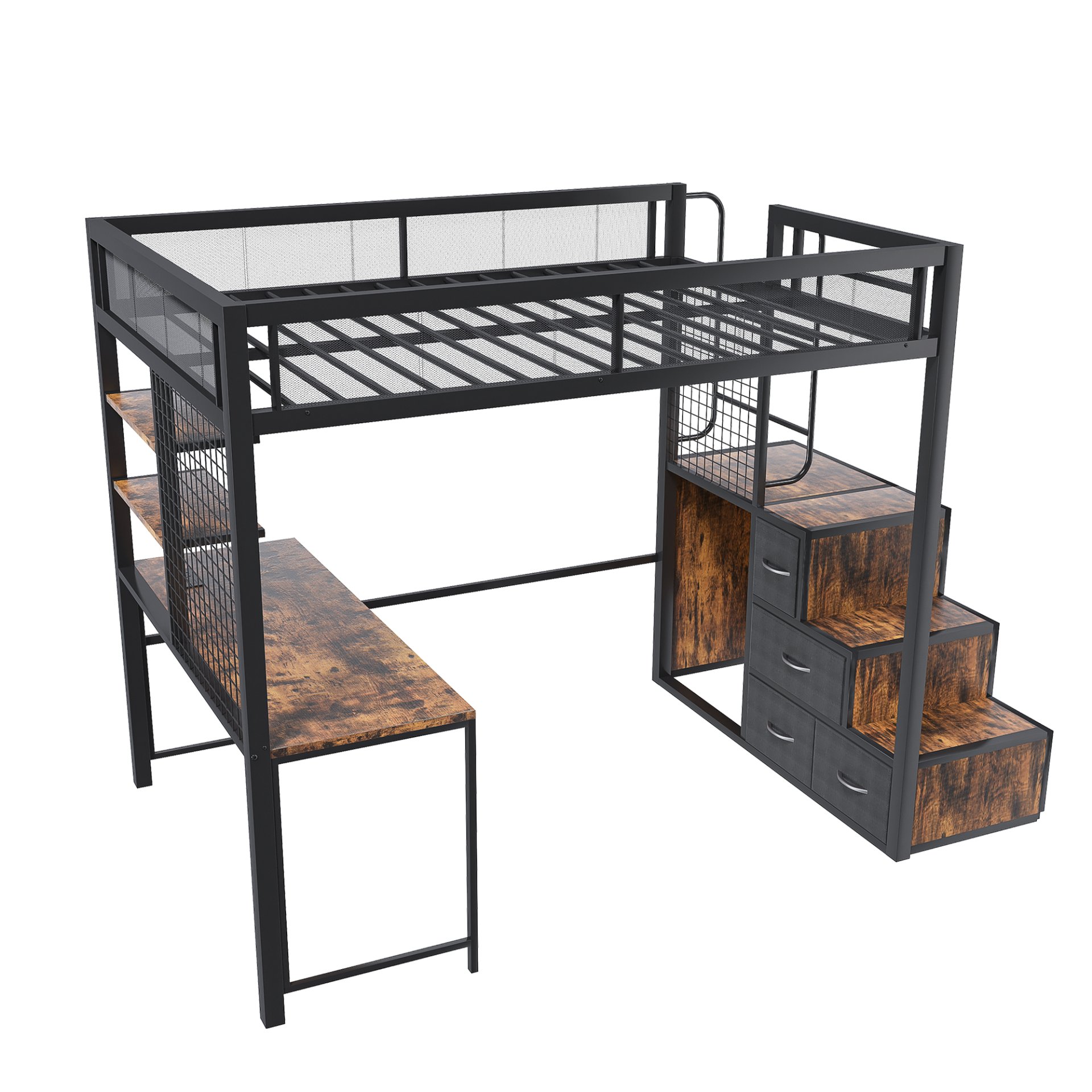 Heavy Duty Full Loft Bed With Desk & USB Charging Metal Frame With Storage Drawers And Staircase - Black - Image 15
