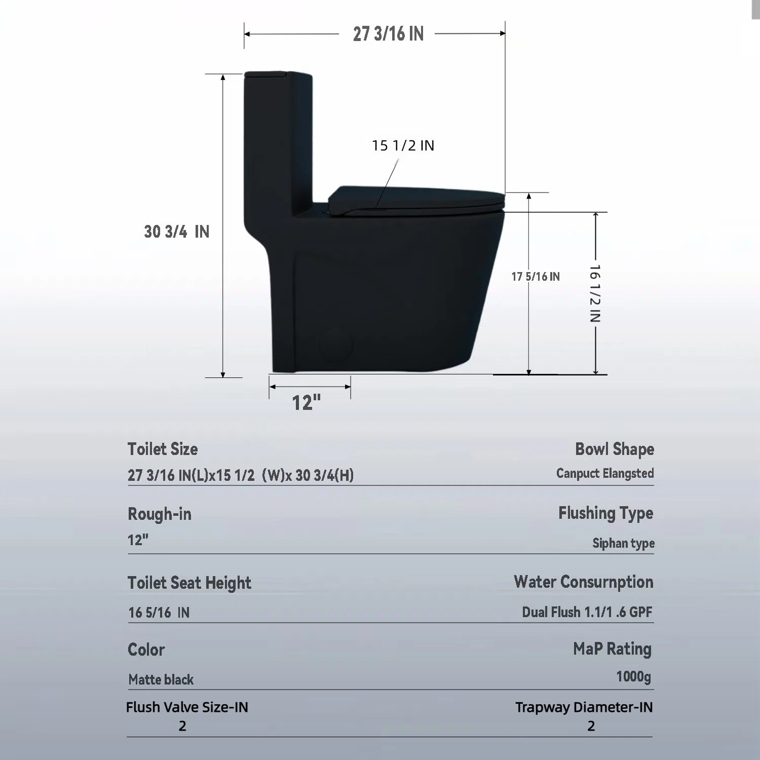 1 Piece Toilet With Tornado Flush, Dual Flush, And ADA Height Comfort Chair - Matte Black - Image 3