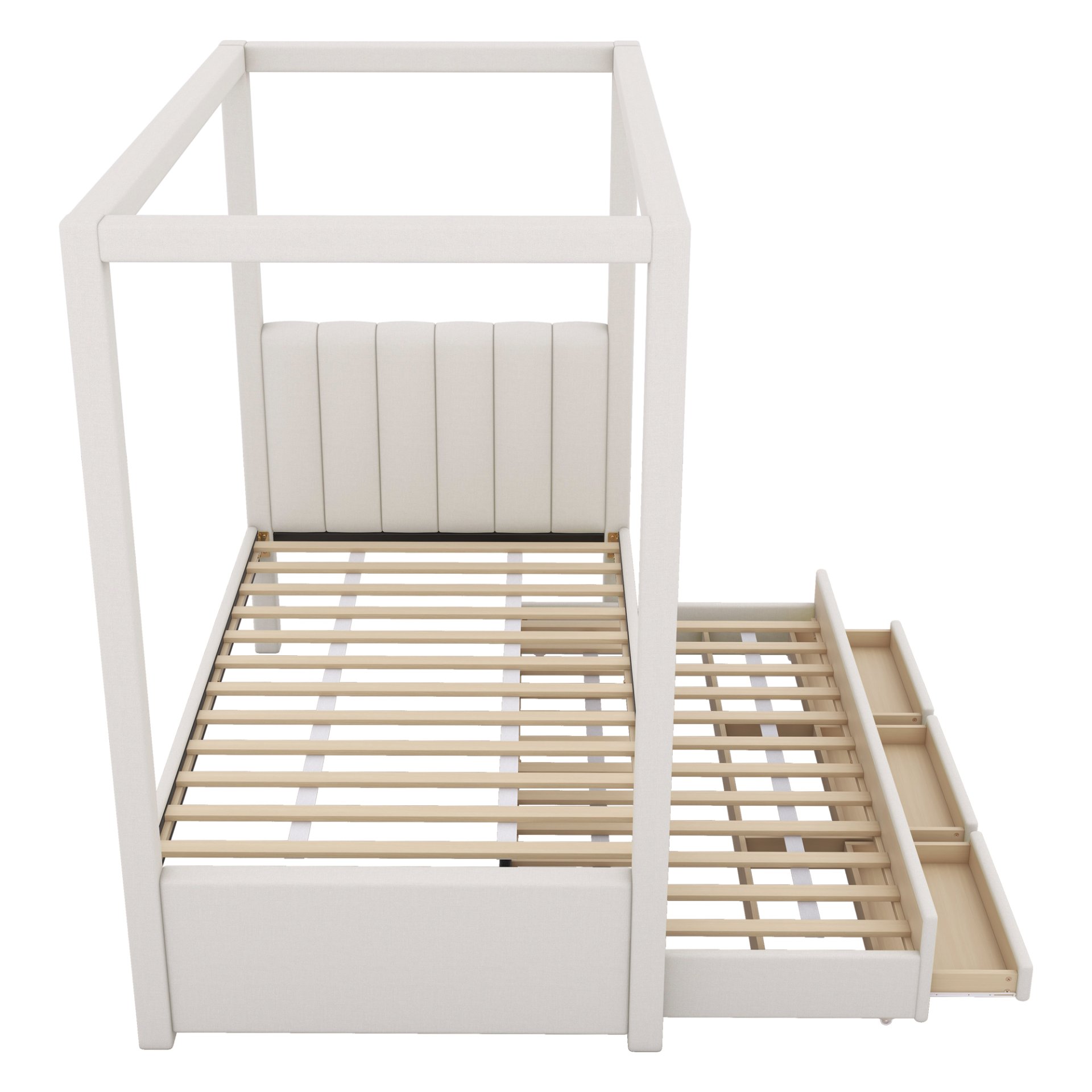 Twin Size Upholstery Canopy Platform Bed With Trundle And Three Storage Drawers - Beige - Image 9