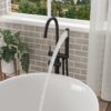 Freestanding Bathtub Faucet Floor Mount Tub Filler With Swivel Gooseneck Spout And Cylinder Handheld - Matte Black - Image 4
