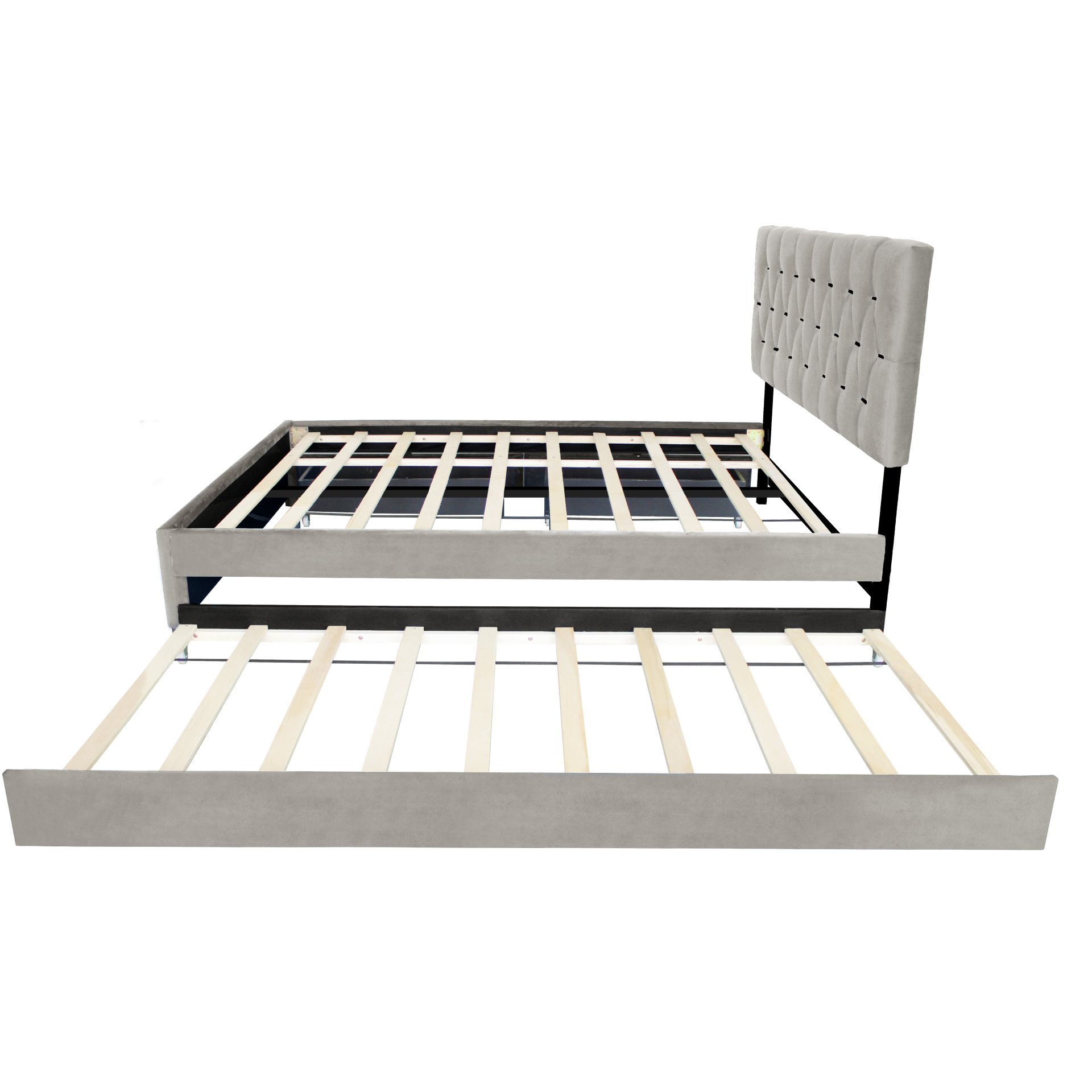 Queen Size Upholstered Trundle Bed With Storage Drawers, Pull Out Design, Space Saving, Sturdy Frame - Gray - Image 9