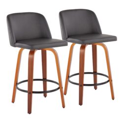 Toriano - Mid-Century Modern, Fixed Height Counter Stool With Round Footrest (Set of 2) - Walnut / Gray / Black