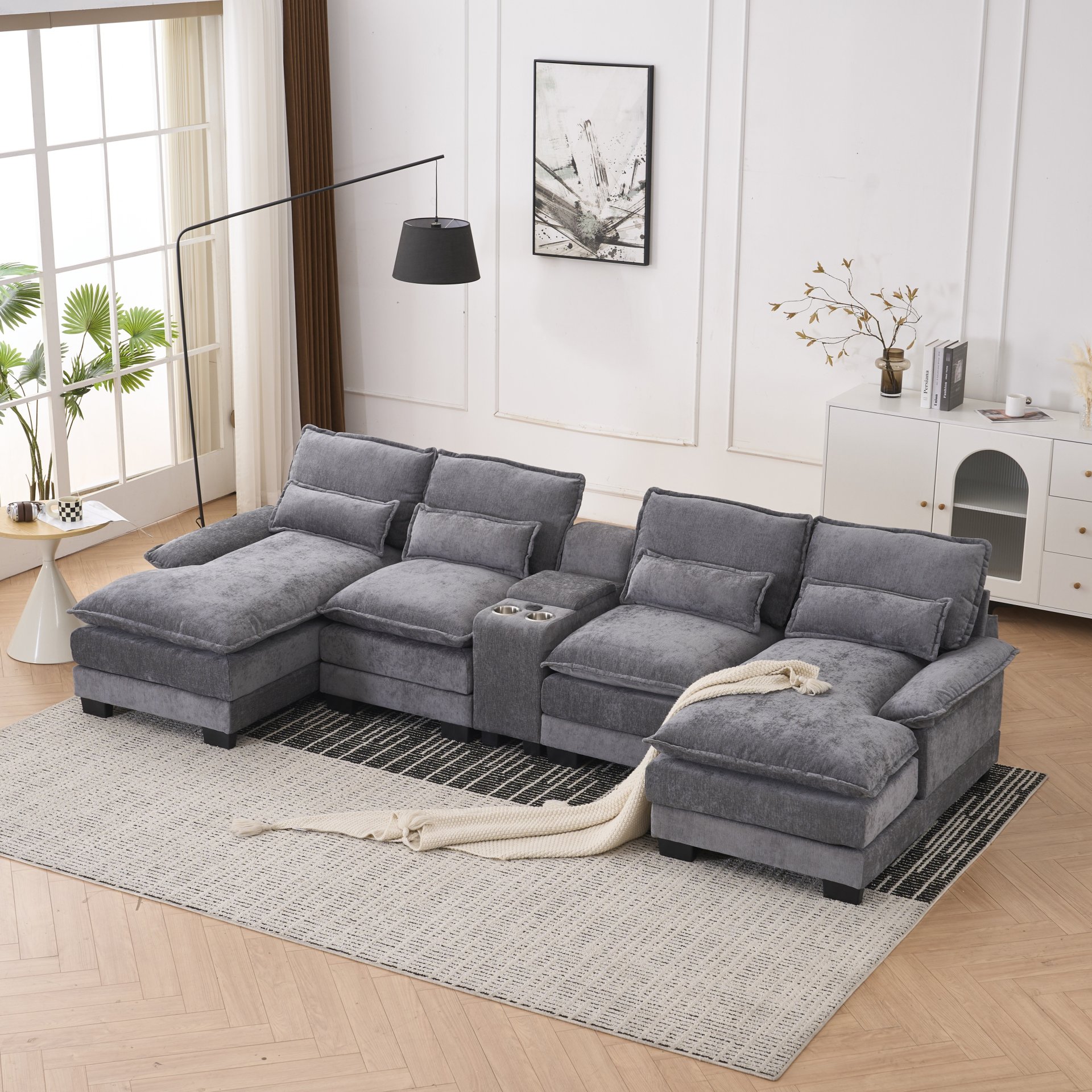 U Shaped Sofa With Console, Cupholders, USB Ports, 6 Seat Upholstered Symmetrical Sleeper Couch - Gray - Image 2