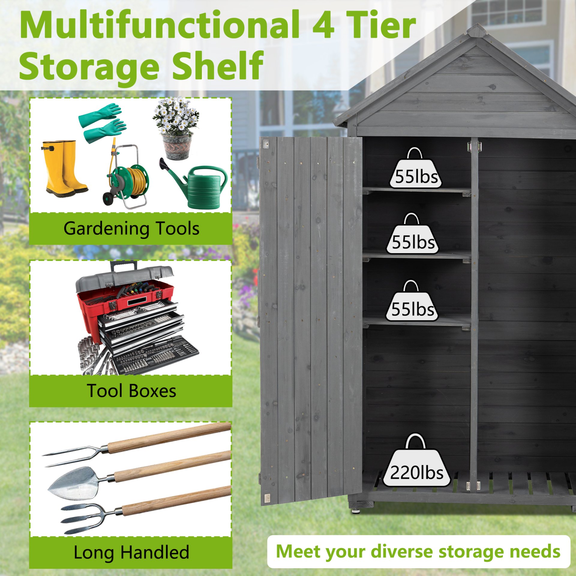 Outdoor Storage Cabinet, Garden Wood Tool Shed, Outside Wooden Shed Closet With Shelves And Latch For Yard - Gray - Image 4