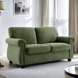 Soft Loveseat, Upholstered 2 Seater Couch, Loose Back Cushions And Turned Legs - Green