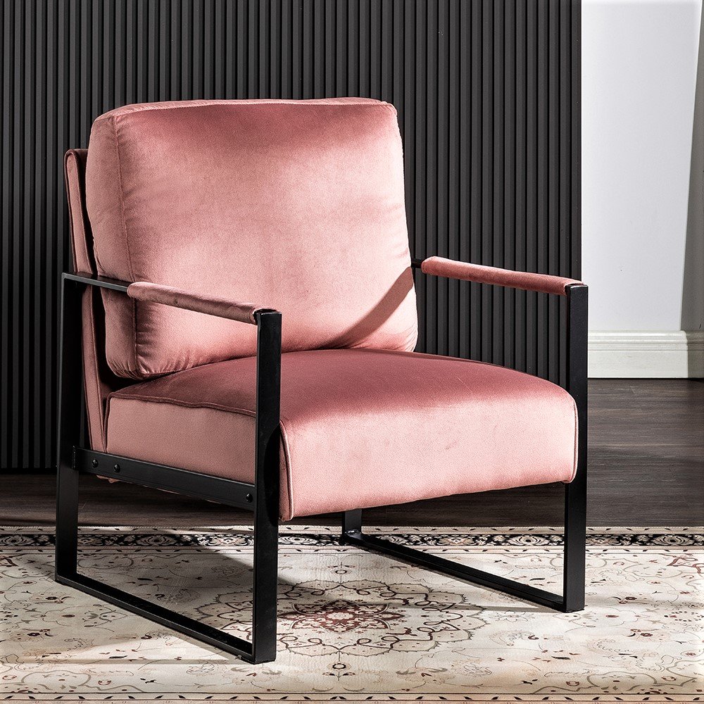 Classic Mid Century Modern Accent Chair With Durable Square Metal Frame, Armchair Upholstery - Rose - Image 3
