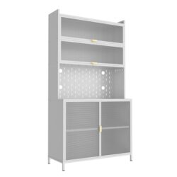 Tall Kitchen Pantry Cabinet With Flip Doors And Pegboard, Anti Tip Steel Storage Hutch - White