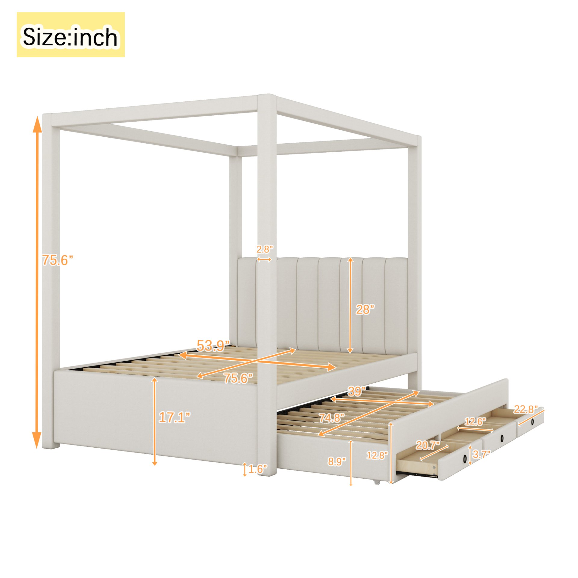 Full Size Upholstery Canopy Platform Bed With Trundle And Three Storage Drawers - Beige - Image 3