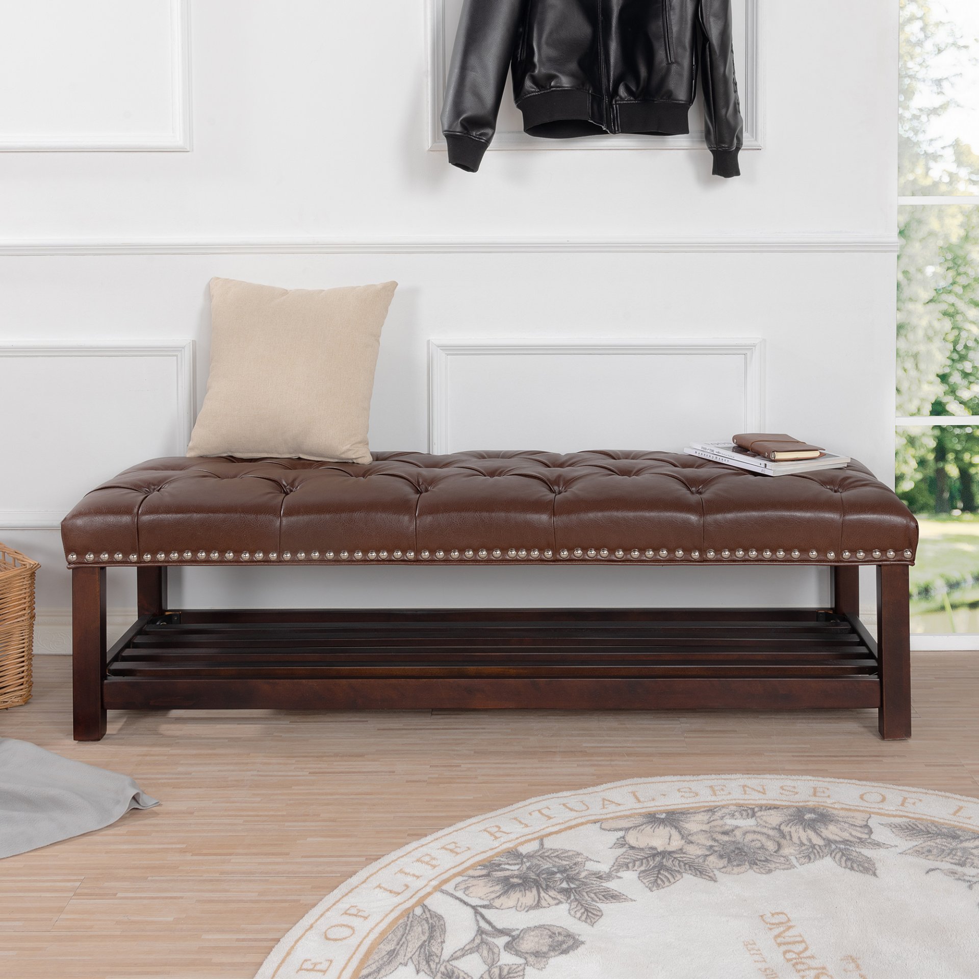 Bedroom End Of Bed Bench Tufted Upholstered End Of Bed Bench End Of Bed Entrance Shoe Bench, 60" With Nailhead Trim And Shelf Bedroom Upholstered Leather Bench Living Room Shoe Rack Footstool - Dark Brown - Image 4