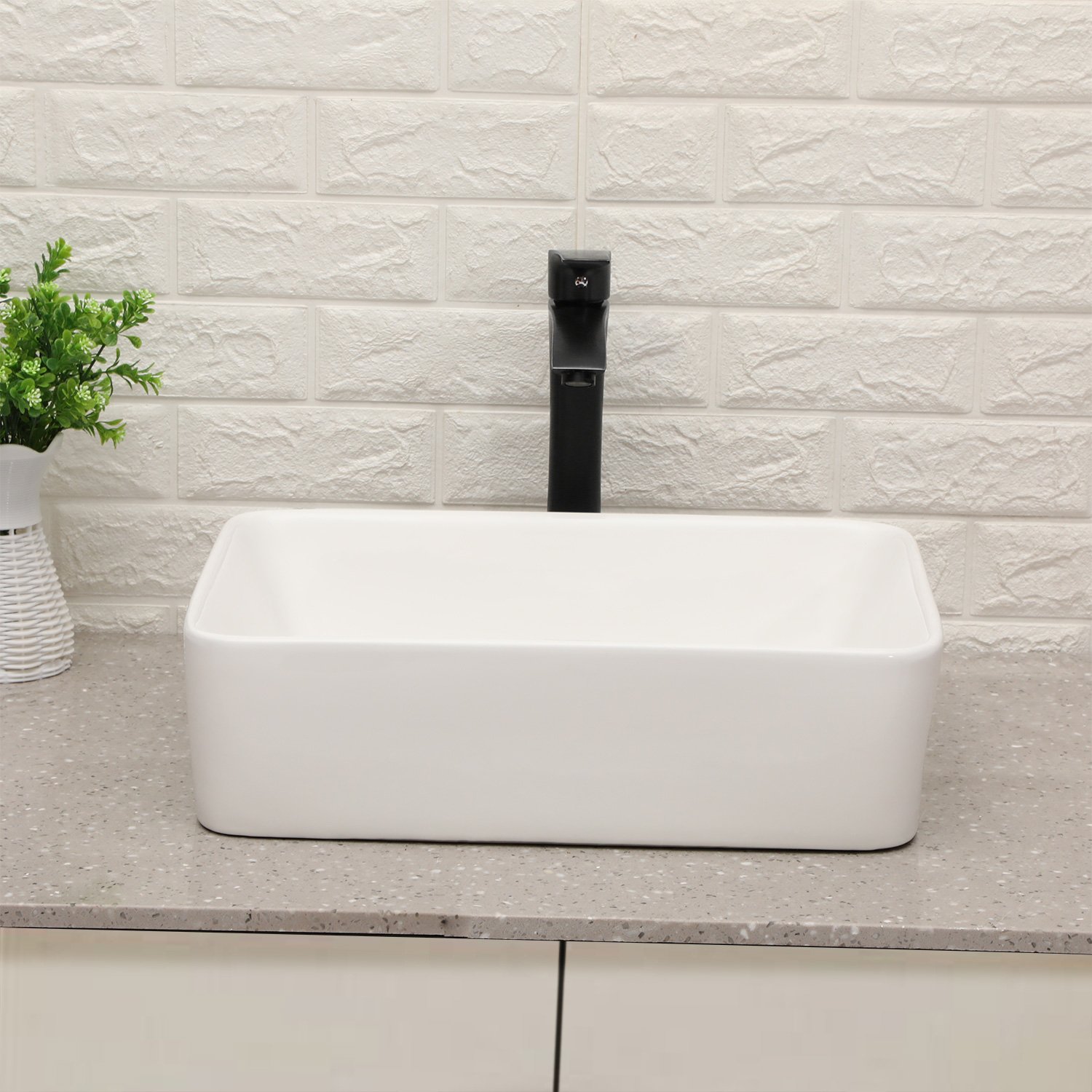 19" 5" Bathroom Sink Combo Rectangular Vessel Vanity Set With Faucet Drop In Ready Ceramic Basin - White / Black - Image 4