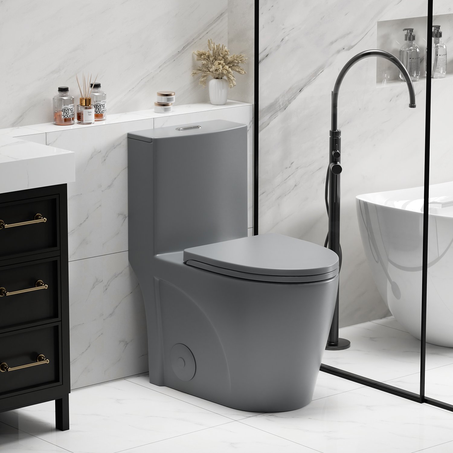 1 Piece Tornado Flush Toilet With Soft Close Seat And Dual Flush Siphonic S Trap - Light Gray - Image 2