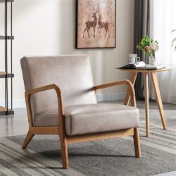 Classic Mid-Century Modern Accent Chairs, Open Framed Armchair With Cushioning - Light Camel