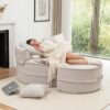 Modern Oversized Round Barrel Accent Chair With Ottoman - Velvet Upholstered Lounge Armchair With 5 Pillows For Living Room Or Bedroom - Gray - Image 2
