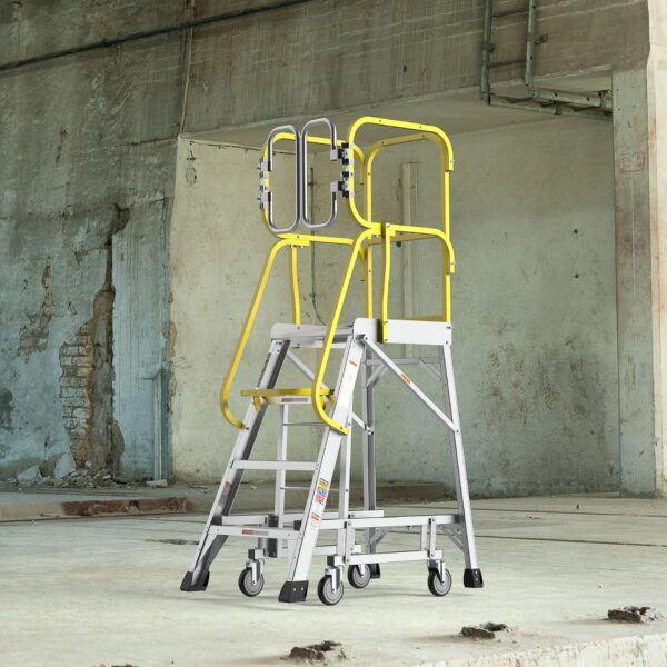 Heavy Duty Aluminum 4 Step Rolling Platform Ladder With 375Lbs Capacity And Safety - Silver