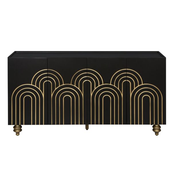 4 Door Cabinet Modern Fluted Sideboard Buffet With Storage, Curve Element With Strict Lines - Black