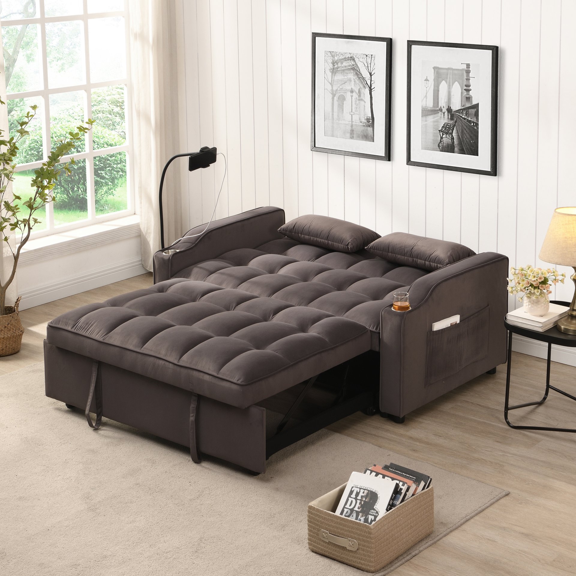 Contemporary Velvet Sofa Bed With Trundle - Charcoal Gray - Image 2