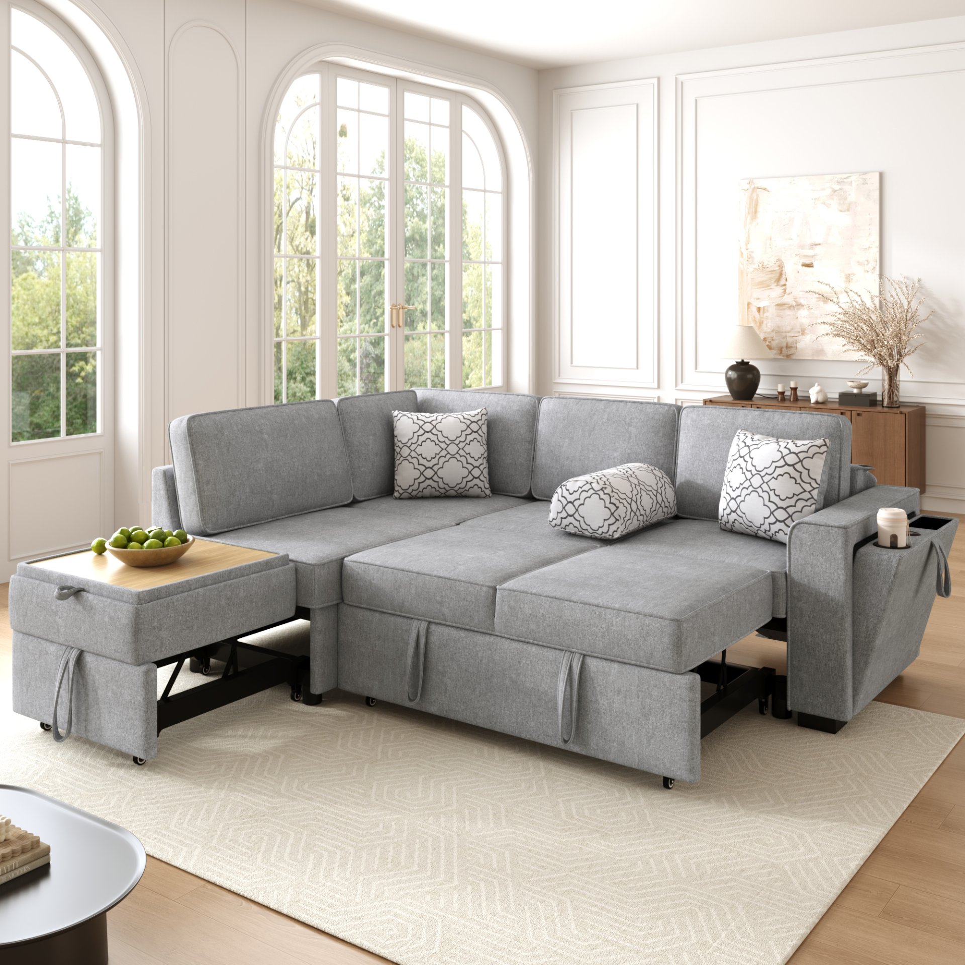 Convertible Sectional Sofa Bed Shaped Sofa With Dual Pull Out Sleepers, Flip Top Table, USB Ports, Cup Holder & Storage - Light Gray - Image 2