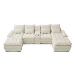 U Shaped Upholstered Sofa With Console And Cupholders For Living Room - Beige