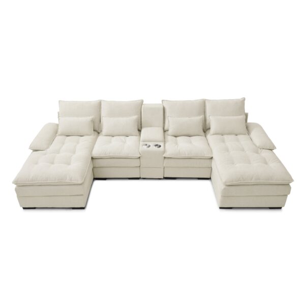 U Shaped Upholstered Sofa With Console And Cupholders For Living Room - Beige