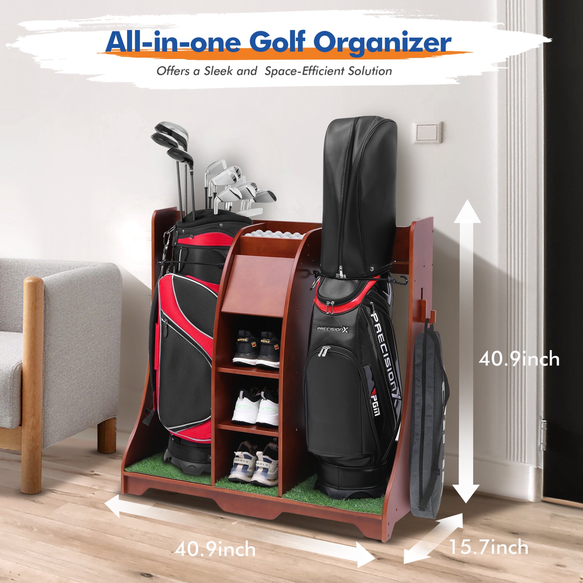 Wood Freestanding Adjustable Multi Use Golf Shelf - Reddish Brown - Image 3
