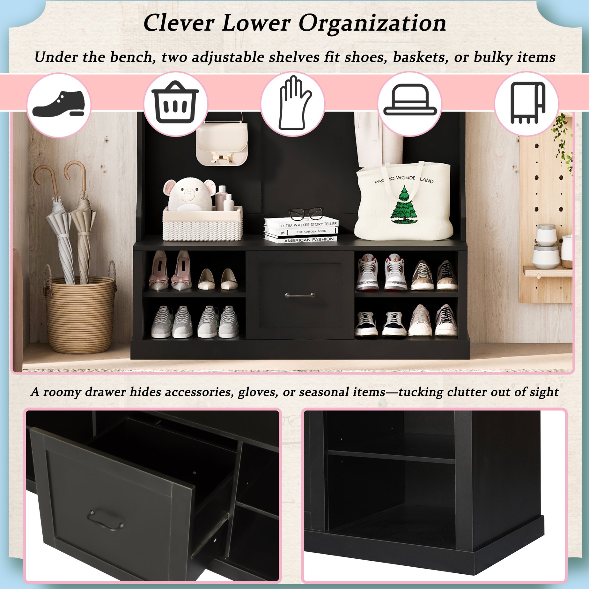 Hall Tree With 6 Hooks, Coat Hanger, Entryway Bench, 3 In 1 Design, A Spacious Drawer For Entrance, Living Room - Black - Image 7