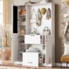 Entryway Bench With Integrated Shoe Cabinet, 3 In 1 Design And Mirrored Cabinet Door, Hall Tree With 4 Sturdy Hooks And Foldable Seat For Entrance, Living Room - White - Image 2