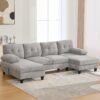 U Shaped Sectional Sofa Couch With Dual Chaise Lounges, Storage Pockets And Armrest Pillows - Gray - Image 6