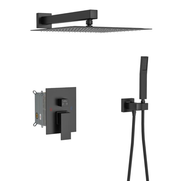Dual Shower Head System With 12" Square Rain Shower And Rough In Valve - Matte Black
