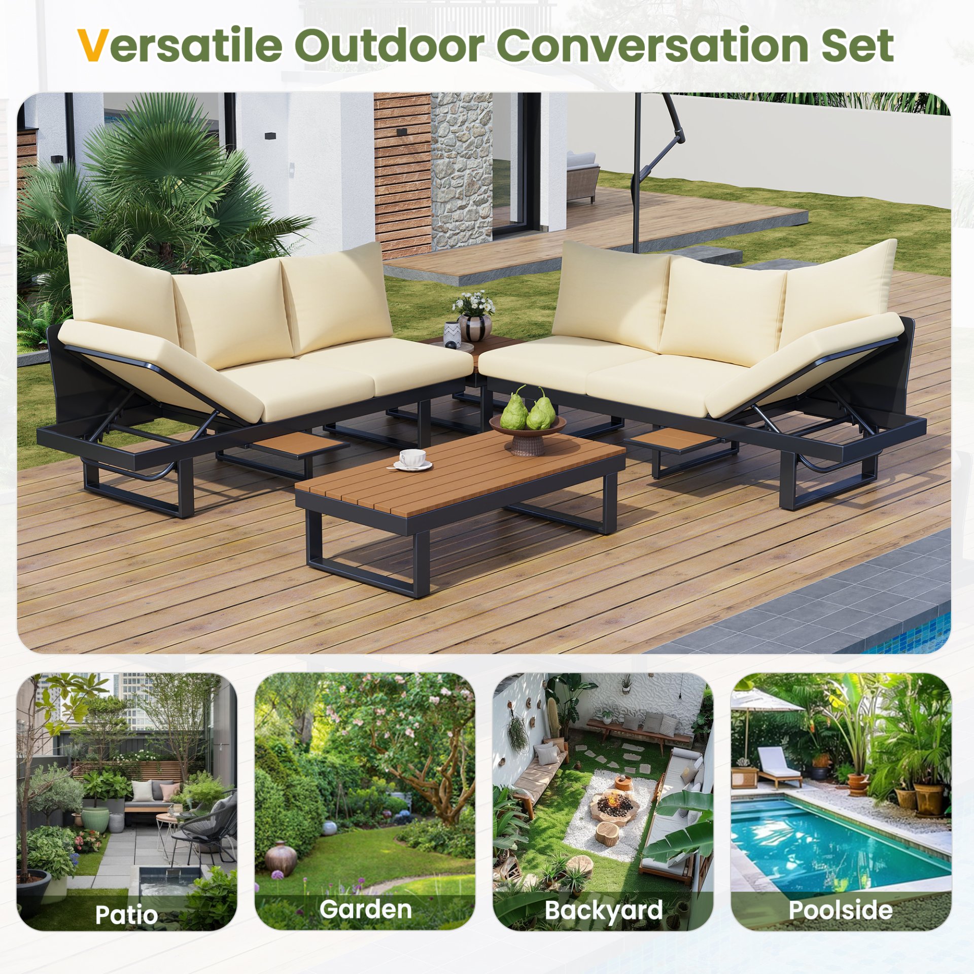 Outdoor Sectional Sofa Set With Adjustable Reclining Seats For Backyard - Beige - Image 11