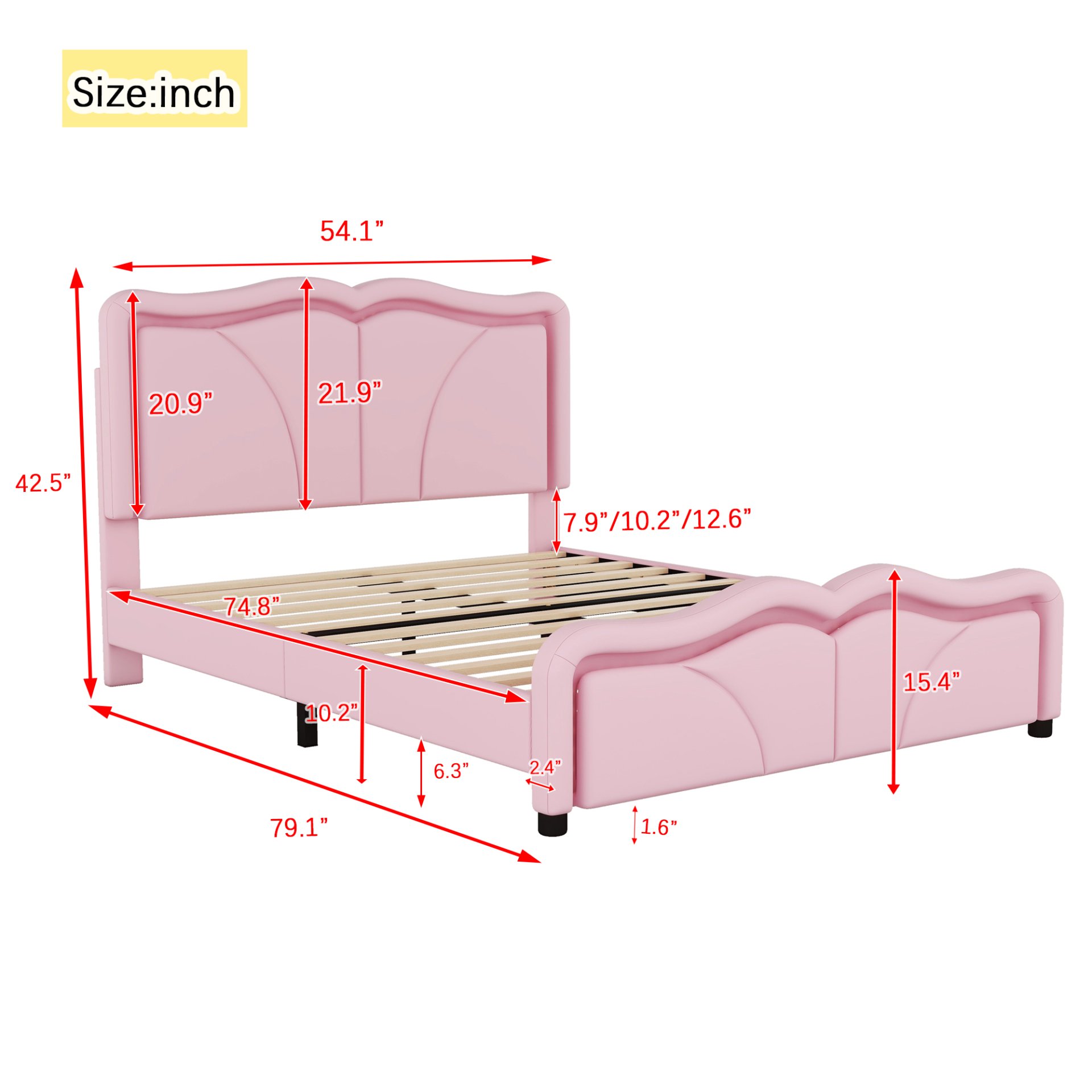 Full Size Upholstered Platform Bed With Curve Shaped And Height Adjustable Headboard, LED Light Strips - Pink - Image 3