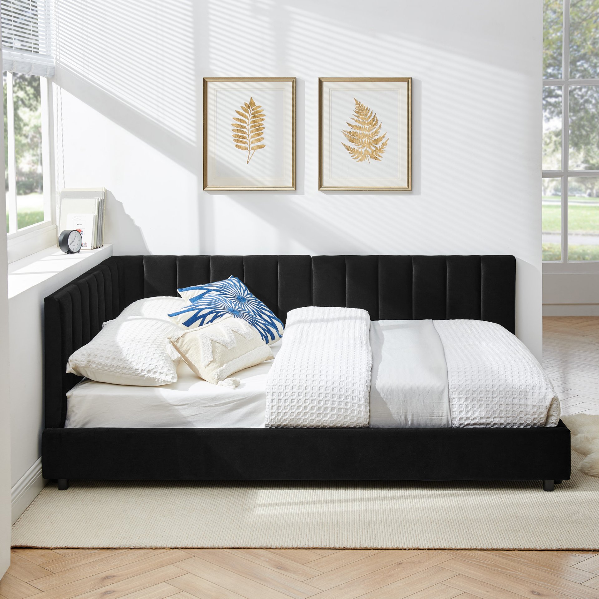 Mid Century Full Size Upholstered Tufted Bed Frame With Comfortable Backrest And Armrests Velvet - Black - Image 5