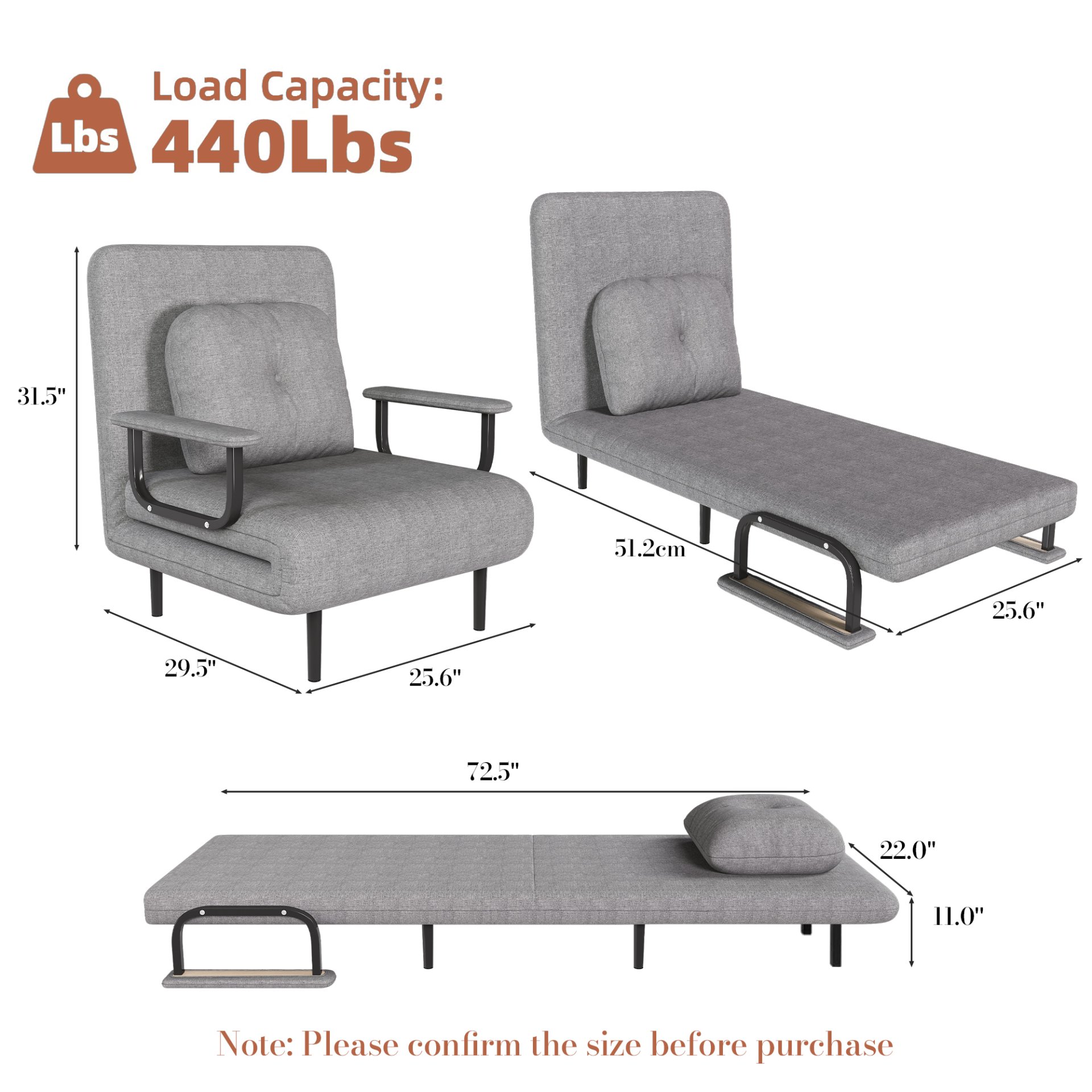 Folding Sofa Bed 5 In 1 Convertible Chair With Adjustable Backrest And Pillow Flannelette - Gray - Image 3
