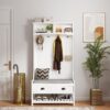 3 In 1 Hallway Hall Tree With Cushion, Storage Drawers, Hooks Shelves - White - Image 6