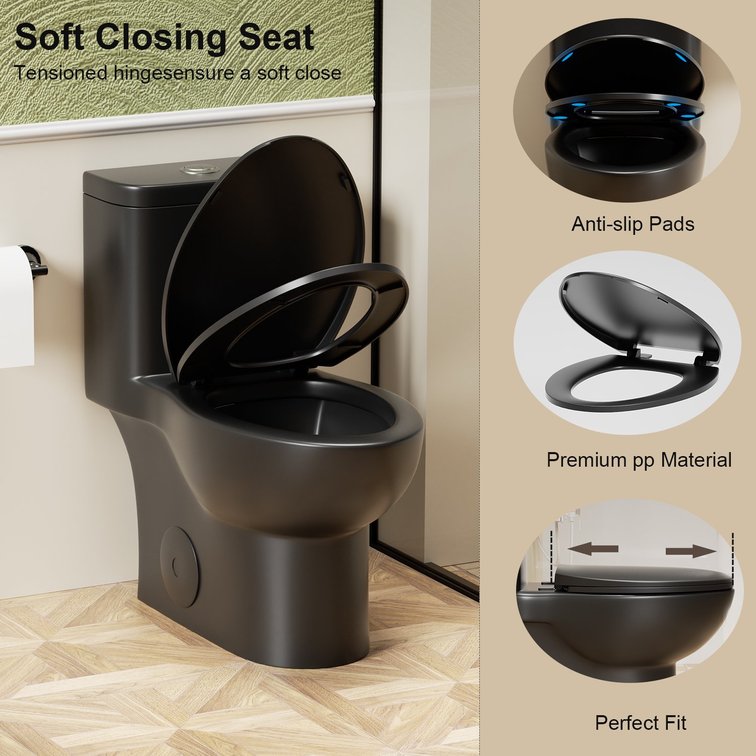 1 Piece Toilet With Tornado Flush, Soft Closing Seat, 12" Siphonic S Trap - Matte Black - Image 9