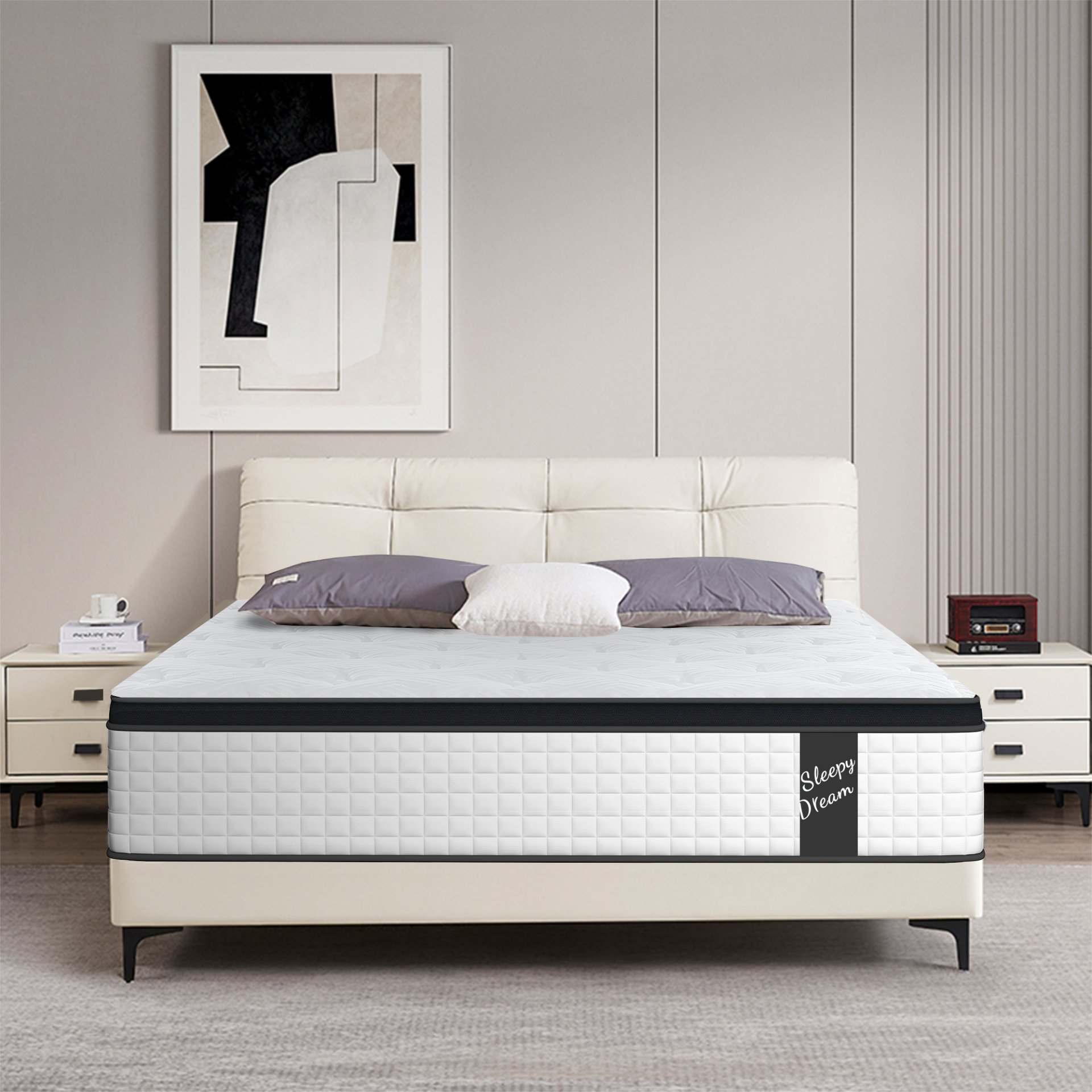 12" King Size Hybrid Mattress Individual Pocket Springs Medium Memory Foam Comfortable Knitted Cover - White / Black - Image 2