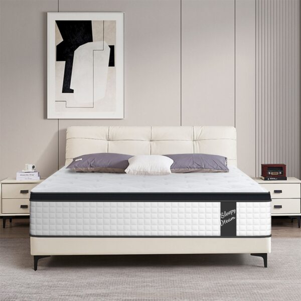 12" King Size Hybrid Mattress Individual Pocket Springs Medium Memory Foam Comfortable Knitted Cover - White / Black