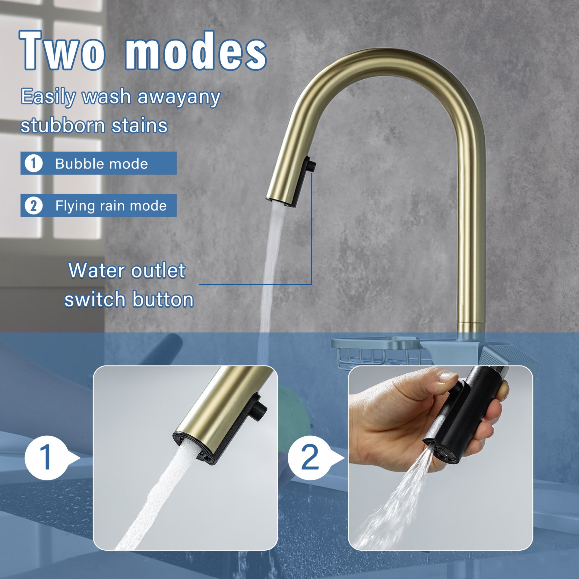 Cincosky - High Arc Pull Down Kitchen Faucet Single Hole Stainless Steel Sink Faucet - Brushed Gold - Image 5
