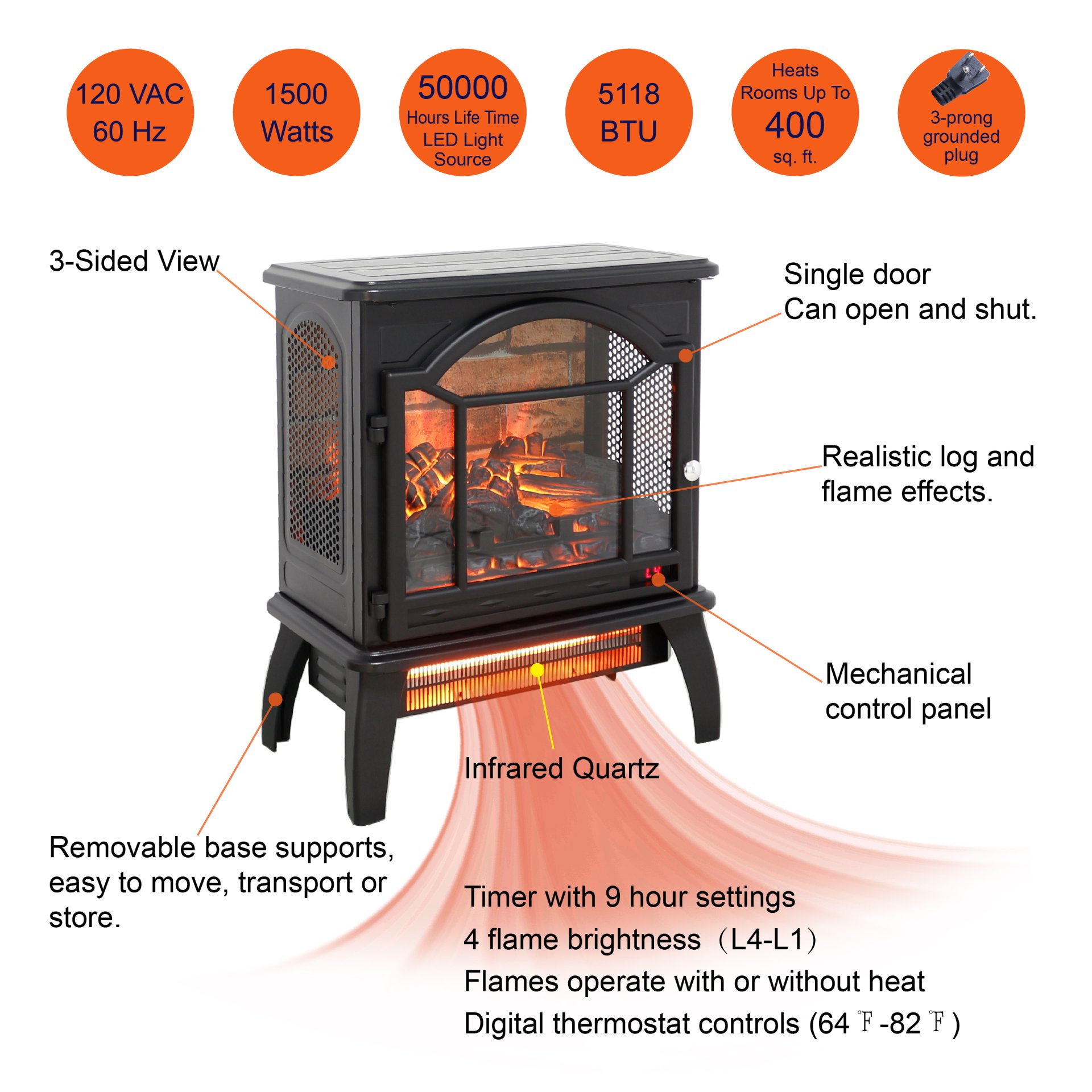 18 Inch 3D Flame Electric Infrared Quartz Fireplace Stove With Remote Control - Black - Image 7