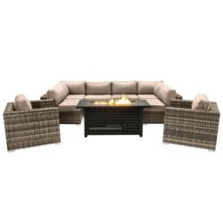 9 Piece Outdoor Sectional Set With Fire Pit Table And Cushions - Beige