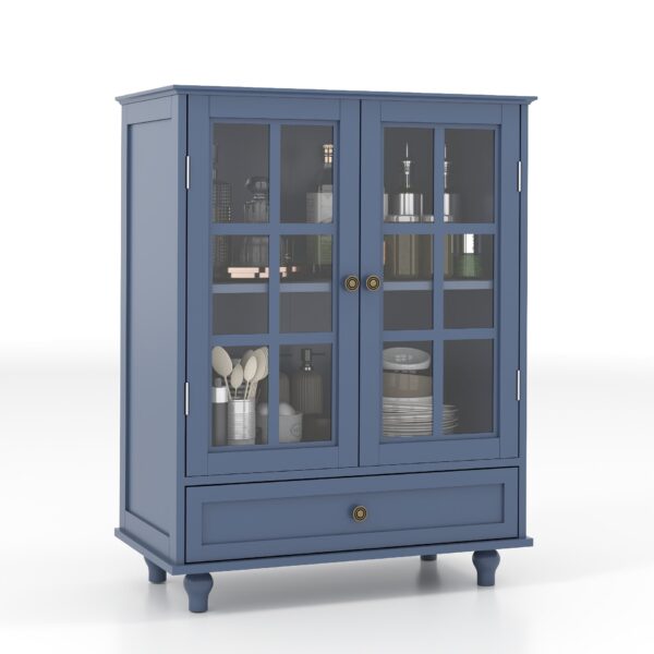 Vintage Buffet Cabinet With Double Glass Doors And Drawer, Storage Sideboard - Blue