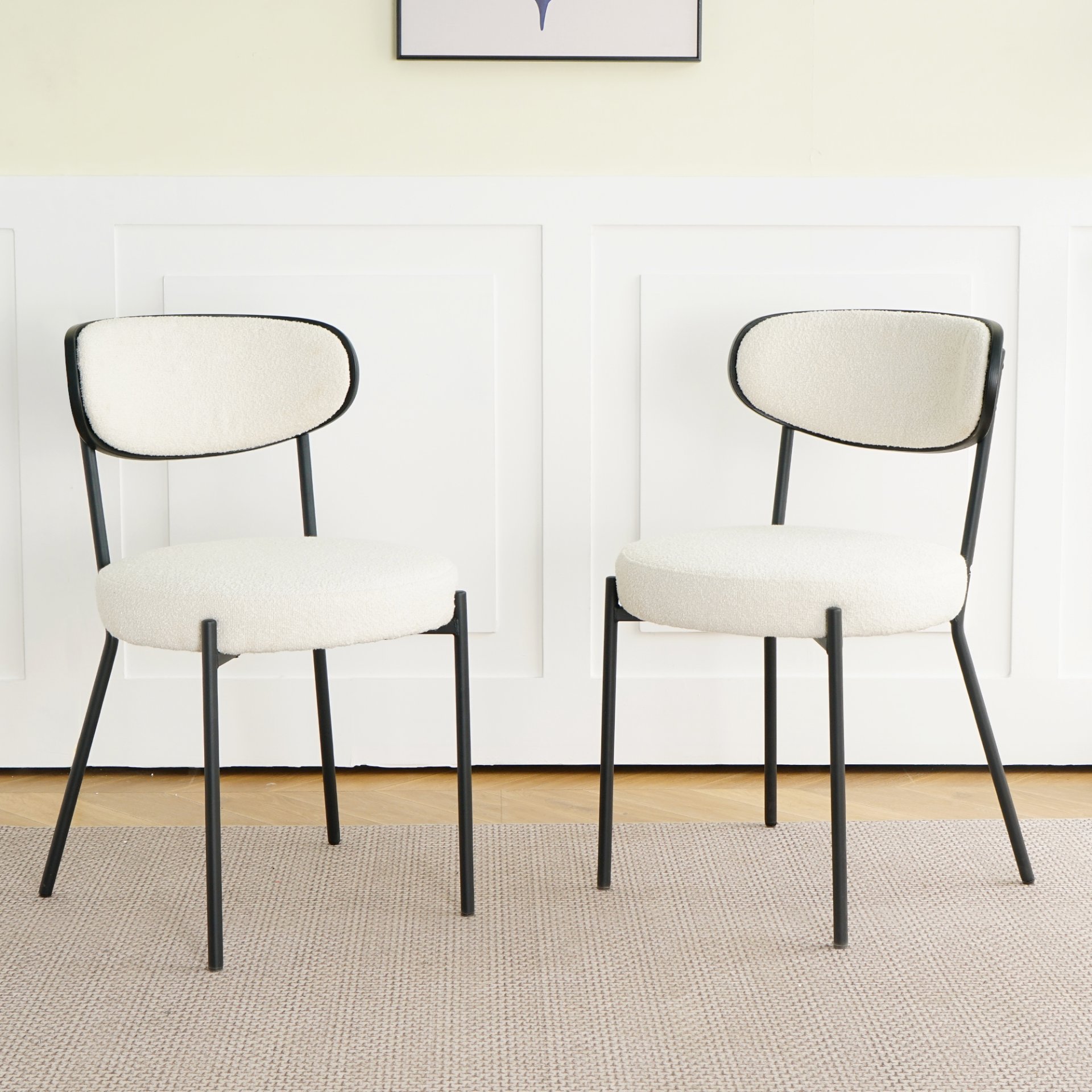 Boucle Modern Kitchen Dining Chair With Bentwood Ash Veneer Back And Black Metal Legs, (Set of 2) - Cream - Image 4