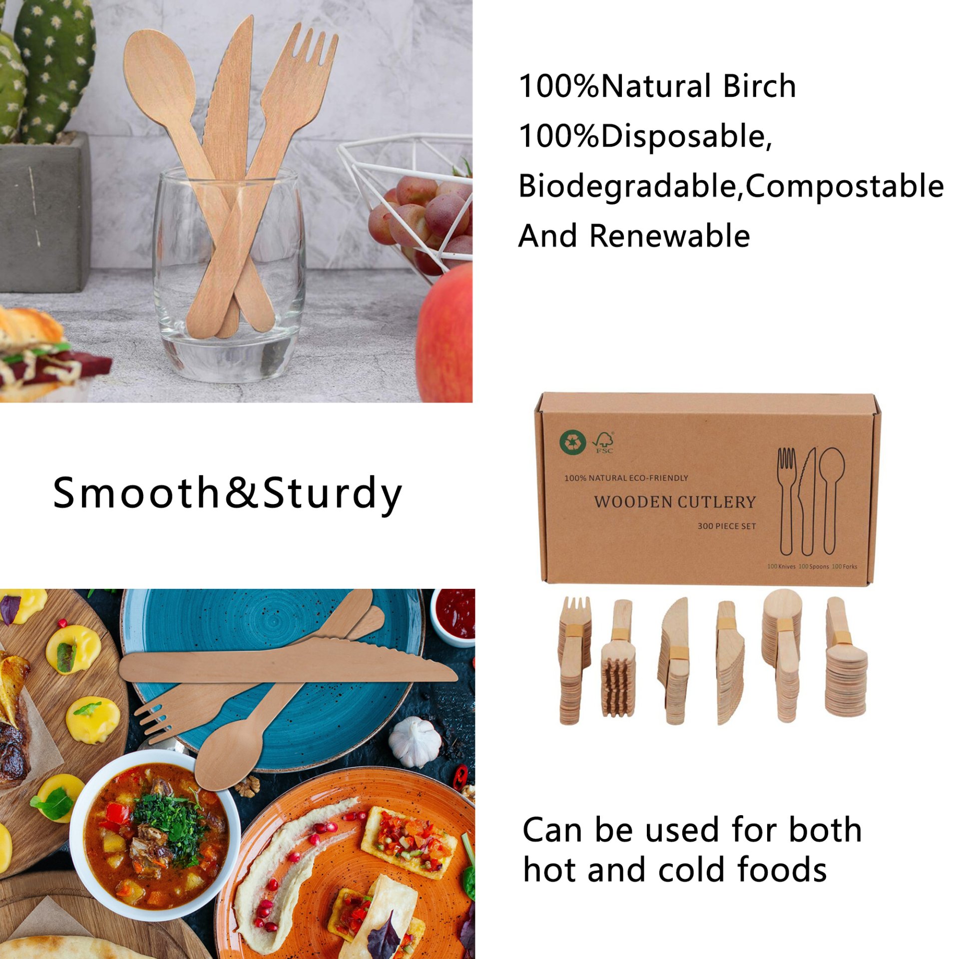 Wooden Compostable Utensils Set 300 Pieces 100 Forks 100 Spoons 100 Knives Sturdy Wood Disposable Cutlery Eco Friendly Biodegradable Utensils For Party Free From Plastic Cutlery Set For Eating - Natural Wood - Image 3