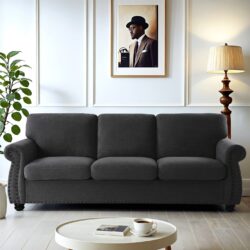 Soft Sofa, Upholstered 3 Seater Couch With High Density Foam, Loose Back Cushions And Turned Legs - Black