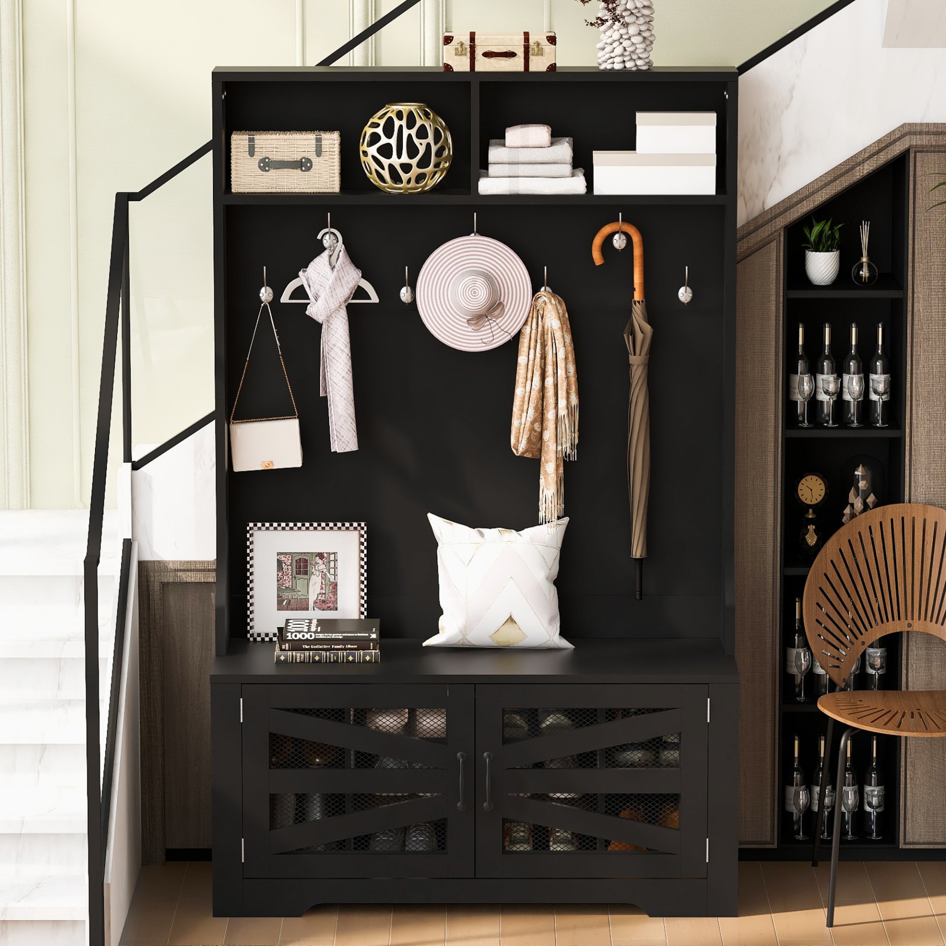 Entryway Bench With Coat Rack, 3 In 1 Design And Adjustable Shelves, Hall Tree With 7 Hooks For Entrance, Living Room - Black - Image 5