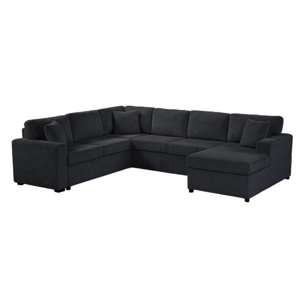 Oversized Sectional Sofa U Shaped Sofa With Chaise Lounge And 3 Soft Throw Pillows Corduroy Fabric - Black