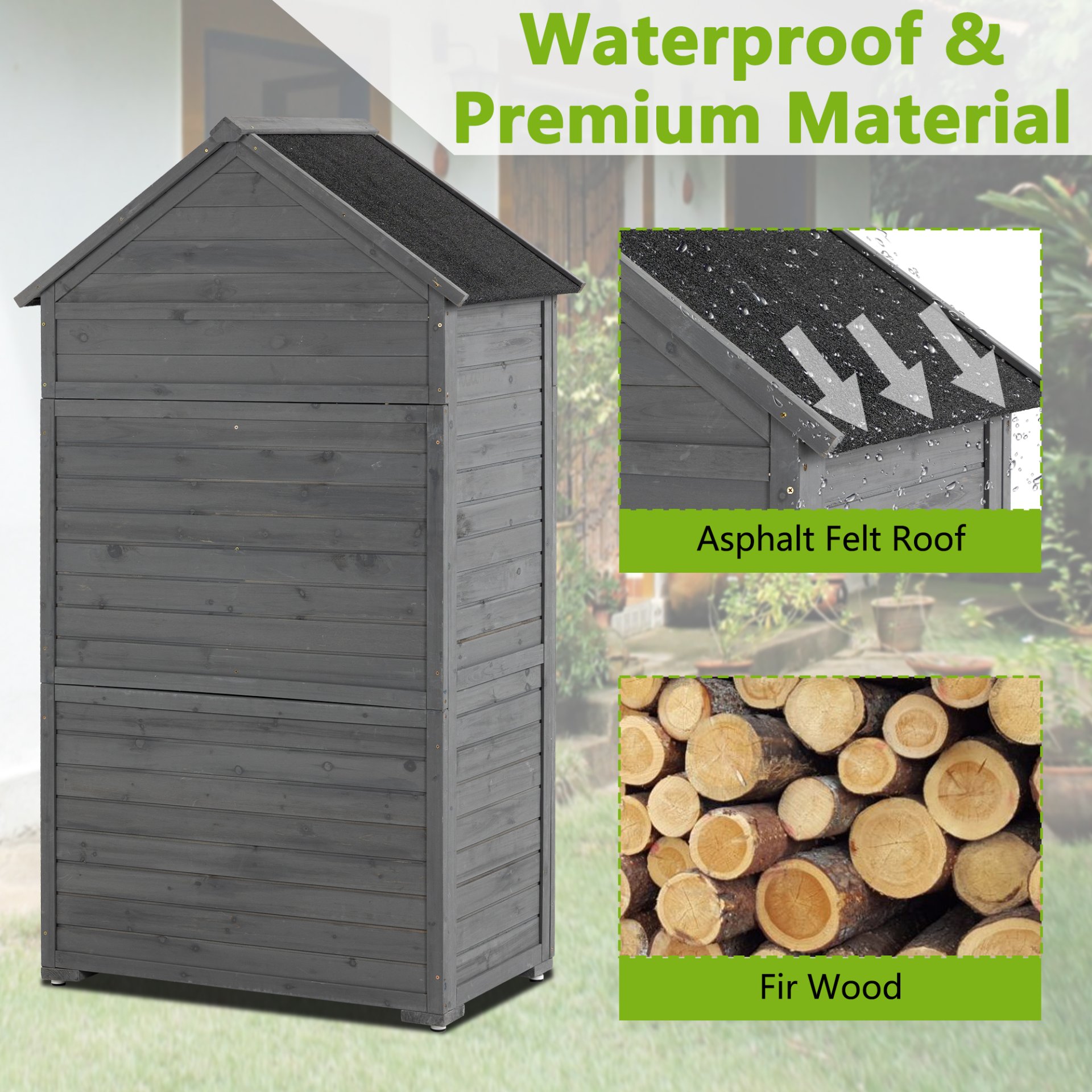 Outdoor Storage Cabinet, Garden Wood Tool Shed, Outside Wooden Shed Closet With Shelves And Latch For Yard - Gray - Image 5
